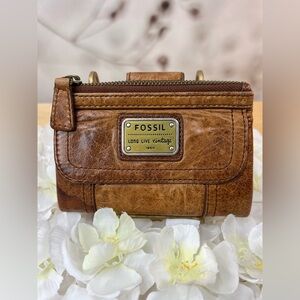 Fossil Cognac Brown Leather Compact Zip Wallet